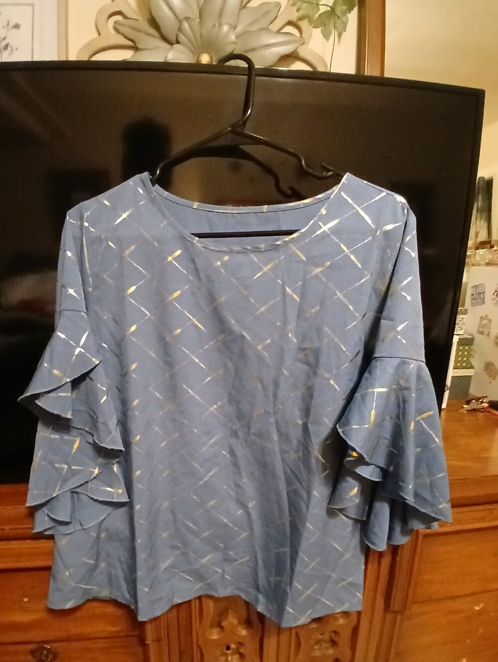 Blue Ruffle Sleeve Women's Top with Metallic Accent